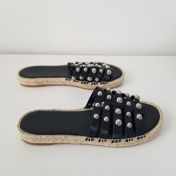Marc Fisher Black Tamie Leather Studded Slide Sandals Size 9 Espadrille - Picture 6 of 10